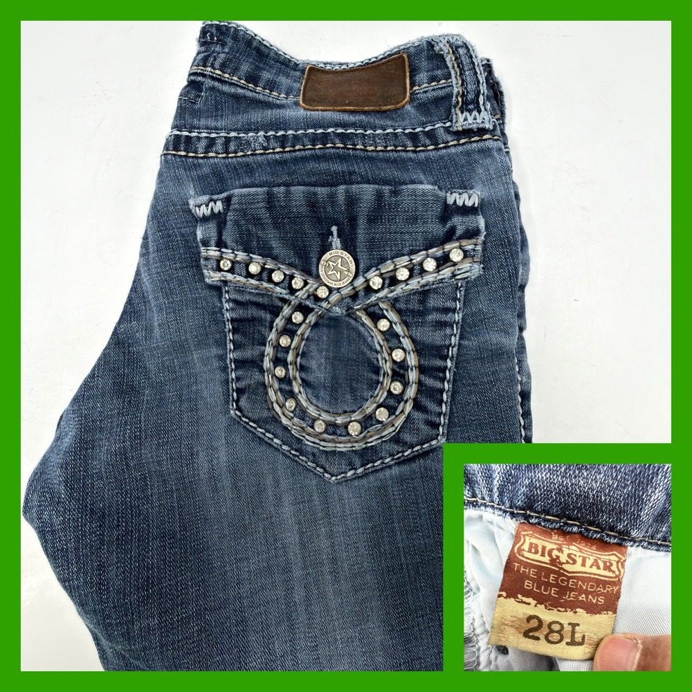 Big Star Sweet Maddie Crop Jeans‎ Womens 28L Blue Rhinestone Flap Pocket Denim